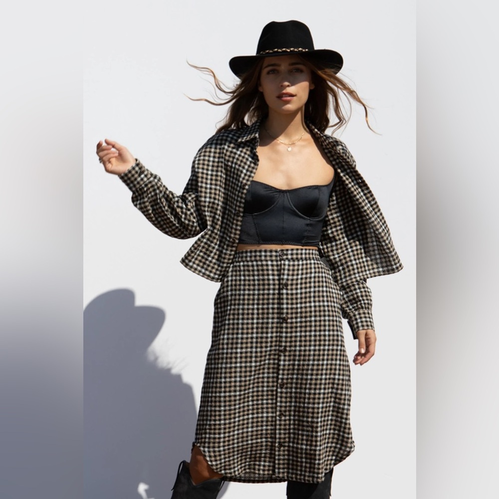 Brixton Black and Brown Checked Midi Skirt
